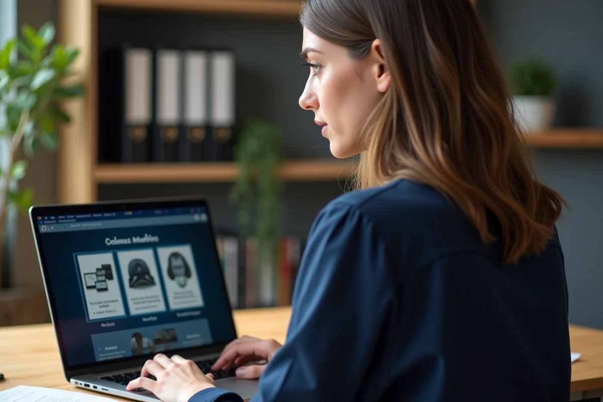 Jeune femme se formant en ligne sur la plateforme eCampus Police depuis un bureau à domicile bien organisé