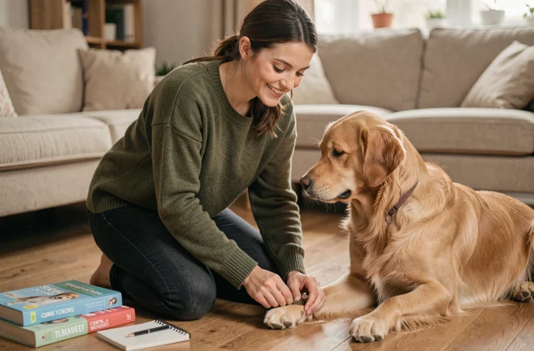 Femme en formation de pet sitter examinant la patte d'un golden retriever dans un salon chaleureux