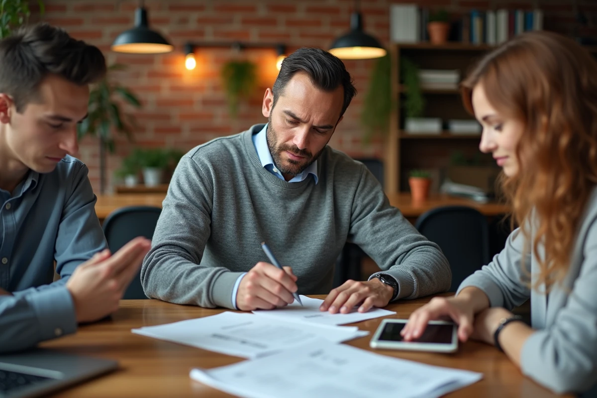 Professionnel adulte annotant des supports de formation spécialisée dans un espace de co-working éducatif