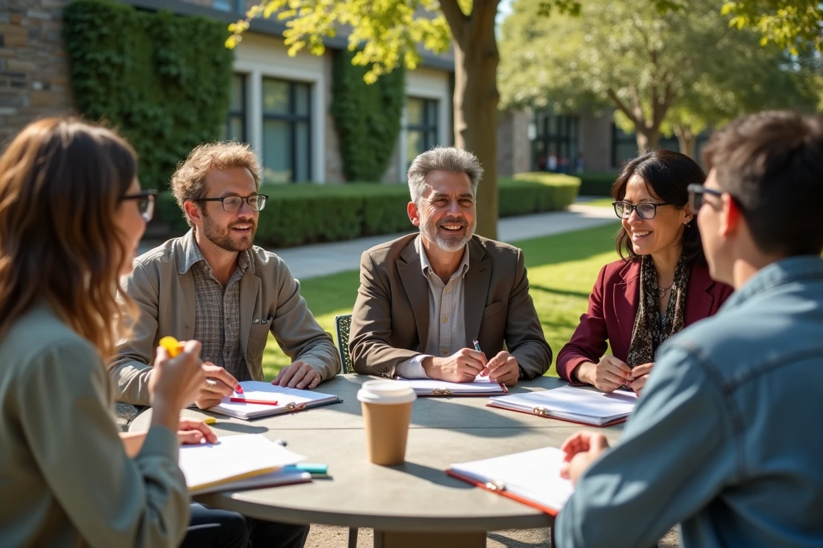 Groupe d'apprenants adultes collaborant en plein air sur un campus universitaire dans le cadre d'une formation spécialisée