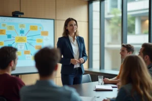 Formatrice présentant un programme de formation spécialisée à un groupe d'apprenants adultes dans une salle de séminaire moderne
