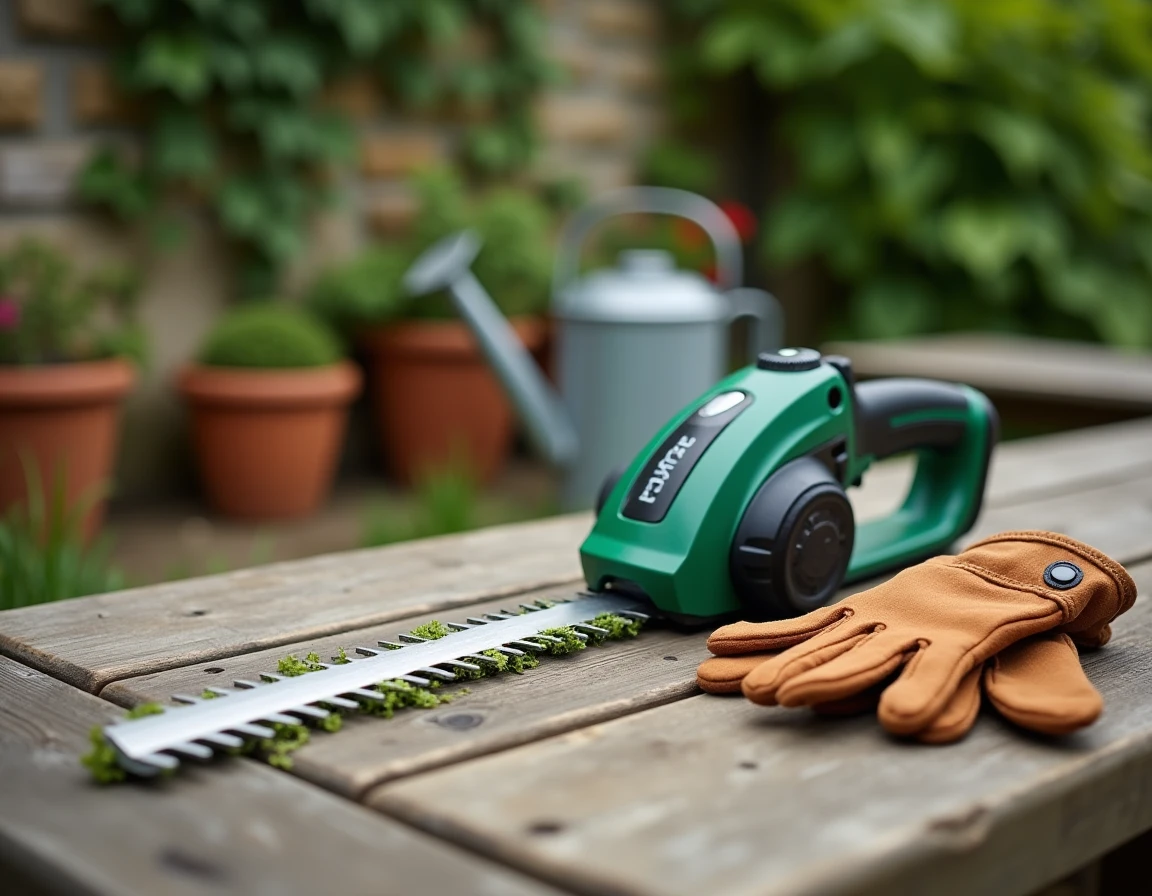 Gros plan d'un taille-haie électrique sans fil posé sur une table en bois avec des gants de jardinage