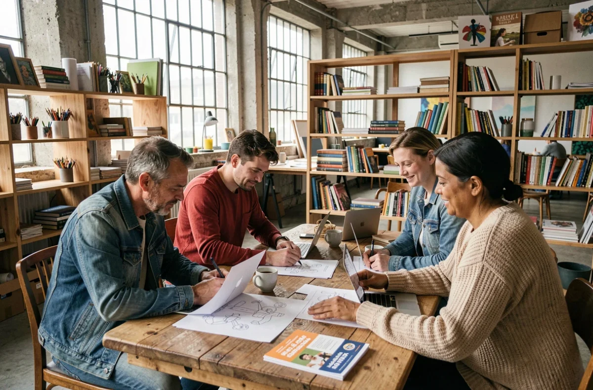 Groupe d'adultes réunis autour d'une table pour planifier des initiatives culturelles locales dans un espace communautaire industriel