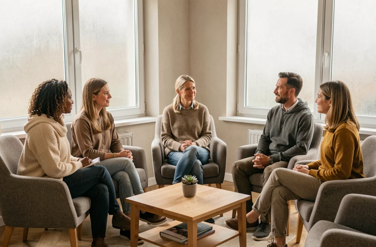 Groupe de soutien psychologique réunissant des adultes dans un centre de bien-être en Suisse