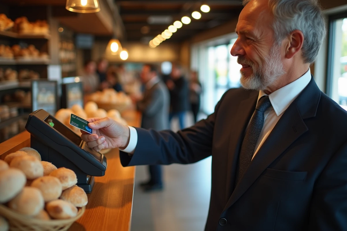 Homme en costume payant avec une carte bancaire dans une boulangerie à Nice