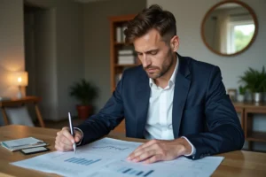 Homme en blazer regardant des graphiques financiers à la maison
