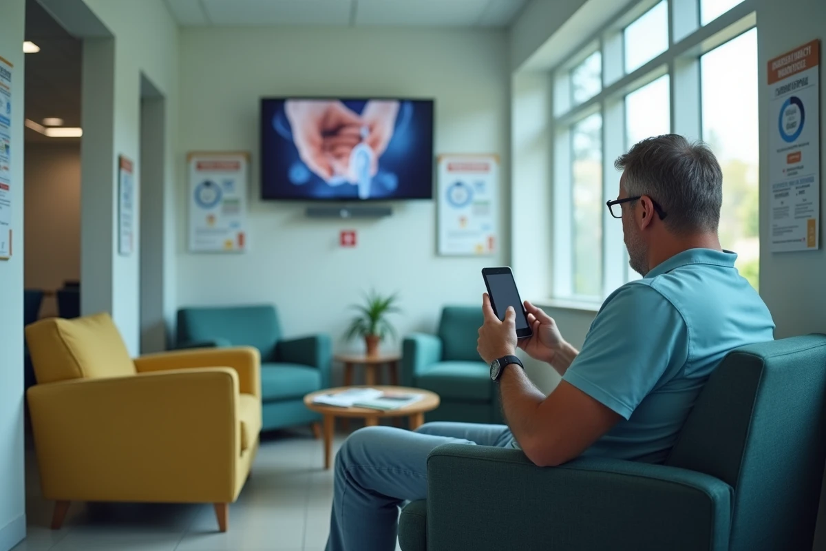 Homme d age moyen regardant la tele dans le salon hospitalier