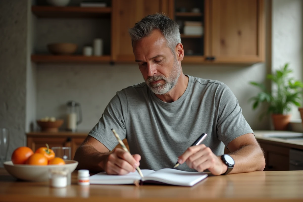 Homme consultant un journal de suivi minceur à la maison avec des compléments alimentaires et des fruits frais, avis résultats Nourix 2026