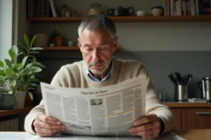 Homme d'âge moyen lisant un journal annoté dans sa cuisine