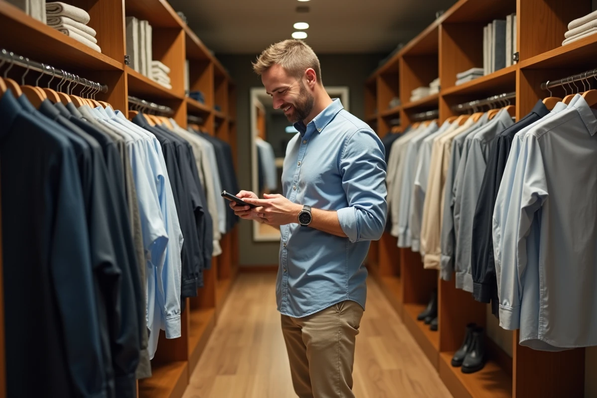 Homme mesure ses vêtements dans une cabine de fitting