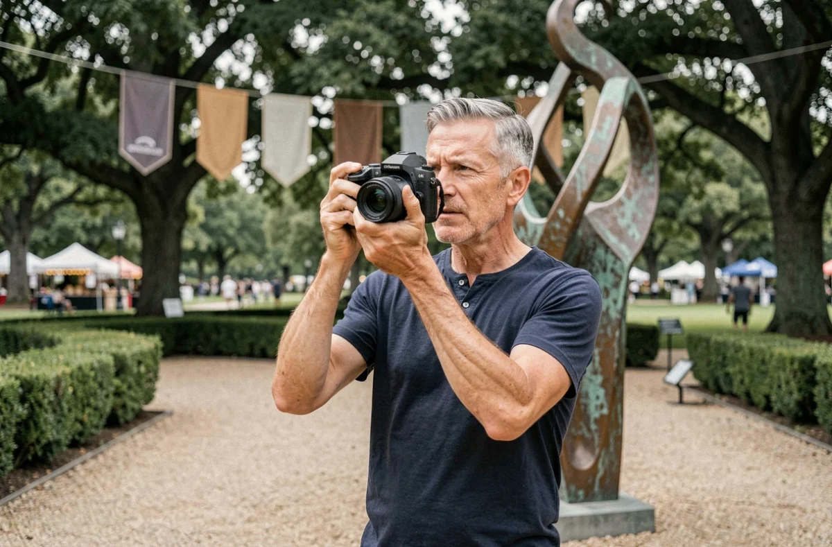 Homme photographiant une sculpture en bronze lors d'un festival culturel en plein air dans un parc public