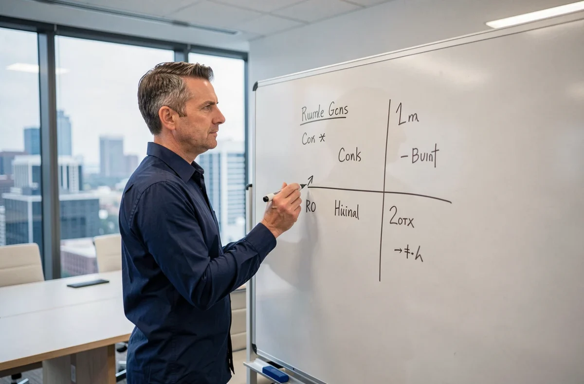Homme d'affaires dessinant un tableau pour et contre sur un tableau blanc dans un bureau moderne, symbolisant une prise de décision professionnelle éclairée