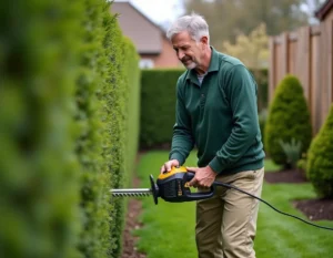 Homme utilisant un taille-haie électrique filaire pour tailler une haie de buis dans un jardin de banlieue