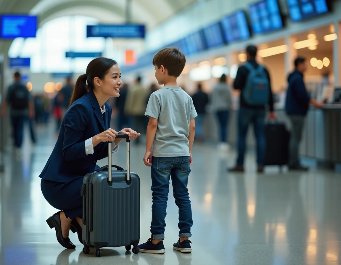 Hôtesse de l'air accompagnant un jeune enfant non accompagné au comptoir d'enregistrement d'un aéroport