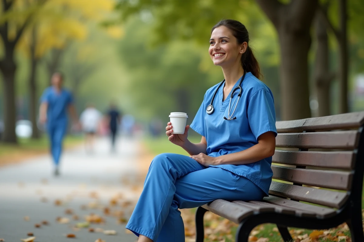 Infirmière en pause dans un parc en après-midi profitant de l'équilibre entre vie professionnelle et personnelle