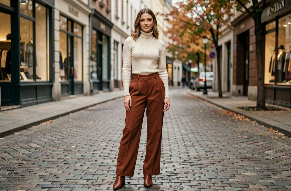 Femme tendance en pantalon terracotta et col roulé ivoire dans une rue pavée européenne en automne