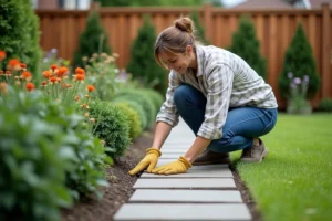 Femme en jardinage arrangeant des pavés dans le jardin