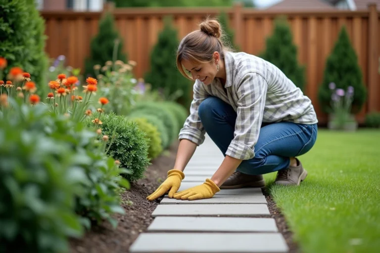 Femme en jardinage arrangeant des pavés dans le jardin