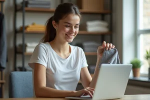 Jeune femme compare un tableau de taille sur son laptop