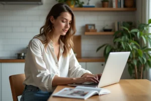 Jeune femme en blouse en lin sur un bureau moderne
