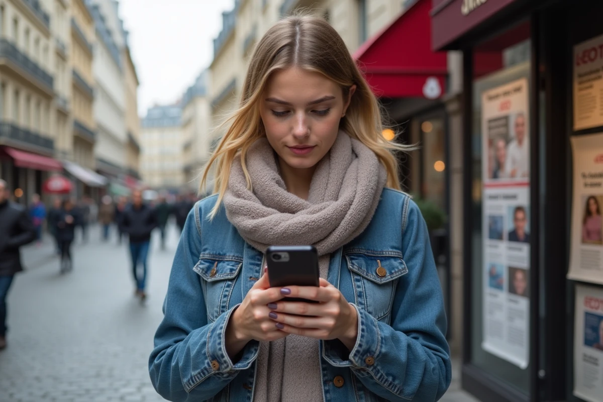 Jeune femme lisant des nouvelles en ligne dans la rue parisienne