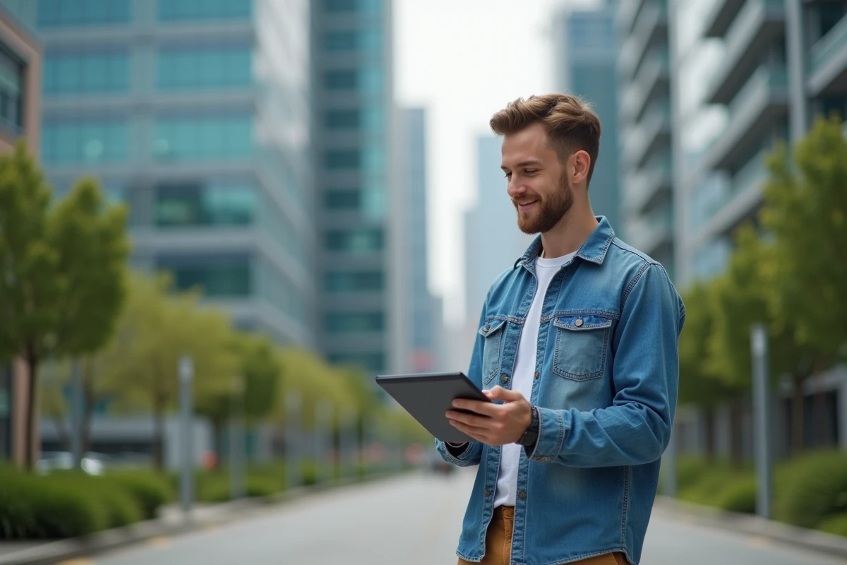 Jeune homme regardant un tableau de bord sur une tablette en extérieur