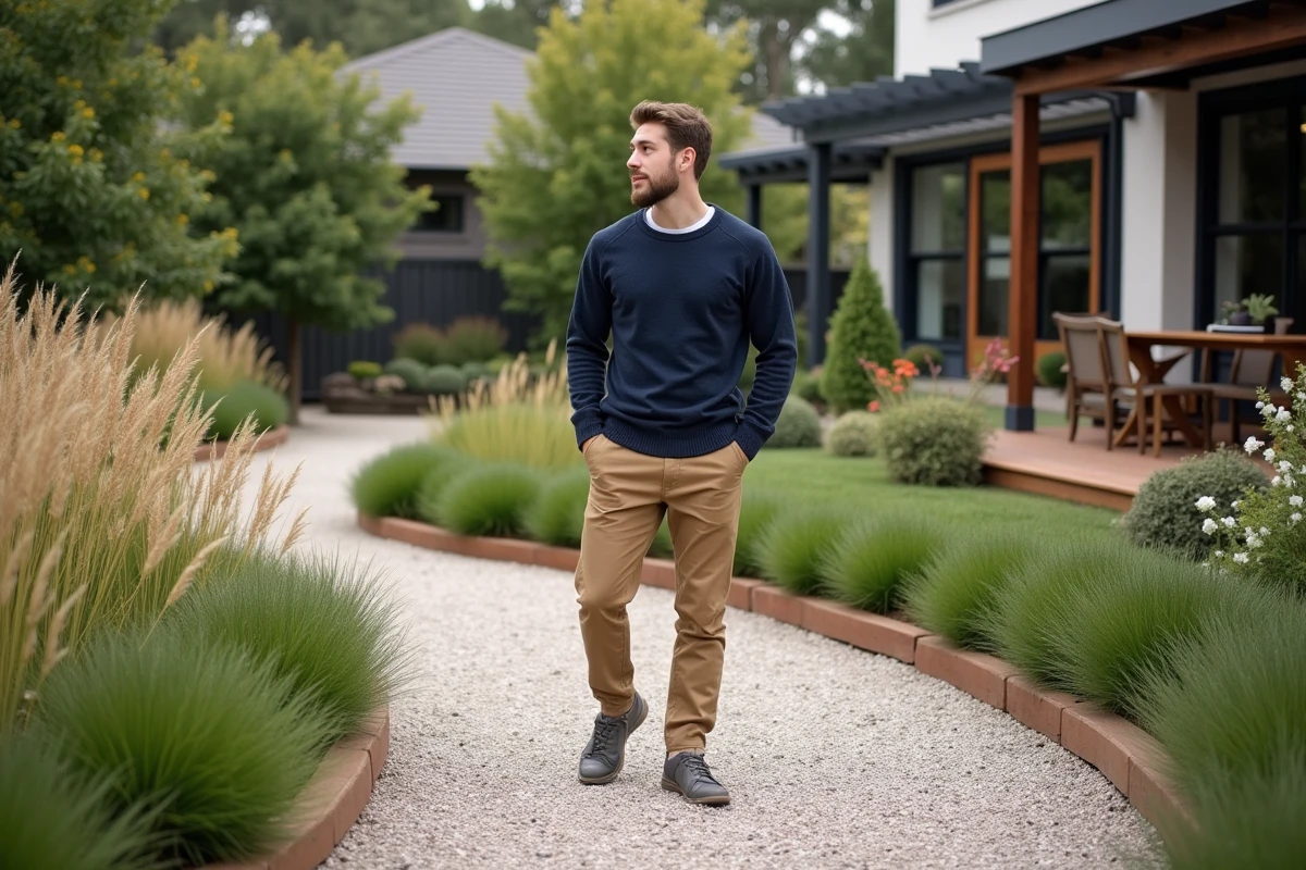 Jeune homme regardant le chemin de gravier dans le jardin