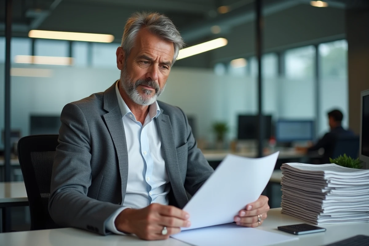 Journaliste français vérifiant des documents dans une salle de rédaction moderne, illustrant le travail de vérification des faits