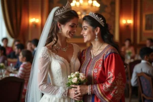 Jeune mariée romani en robe blanche avec sa mère