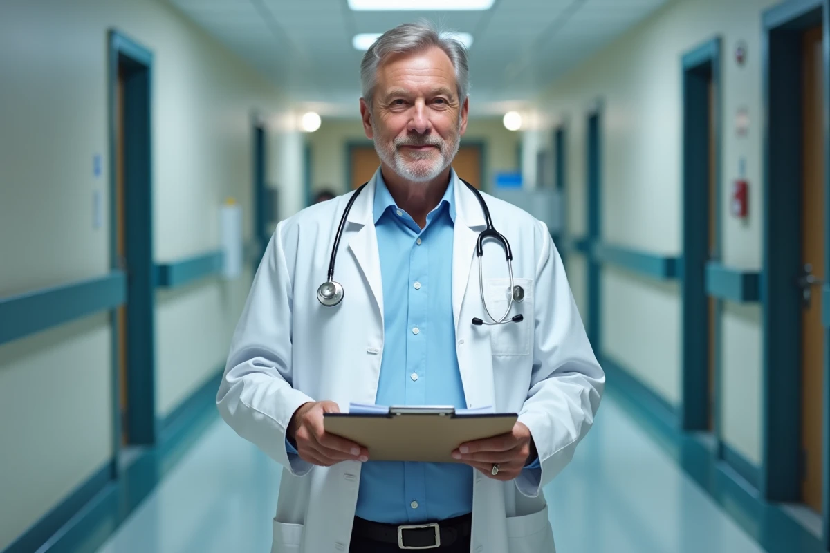 Médecin oncologue en blouse blanche dans un couloir d'hôpital, tenant un dossier médical, illustrant le contexte de maladie grave