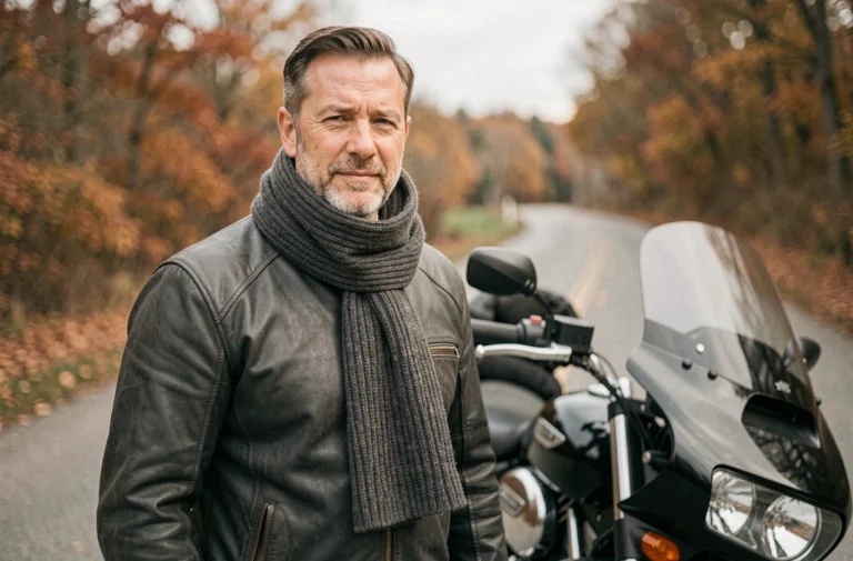 Motard portant une écharpe tube en laine mérinos autour du cou sur une route de campagne en automne