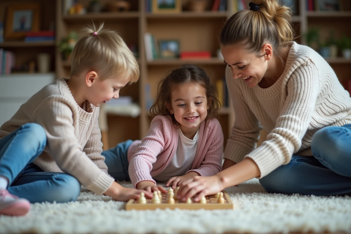 Nounou jouant avec deux enfants dans le salon chaleureux