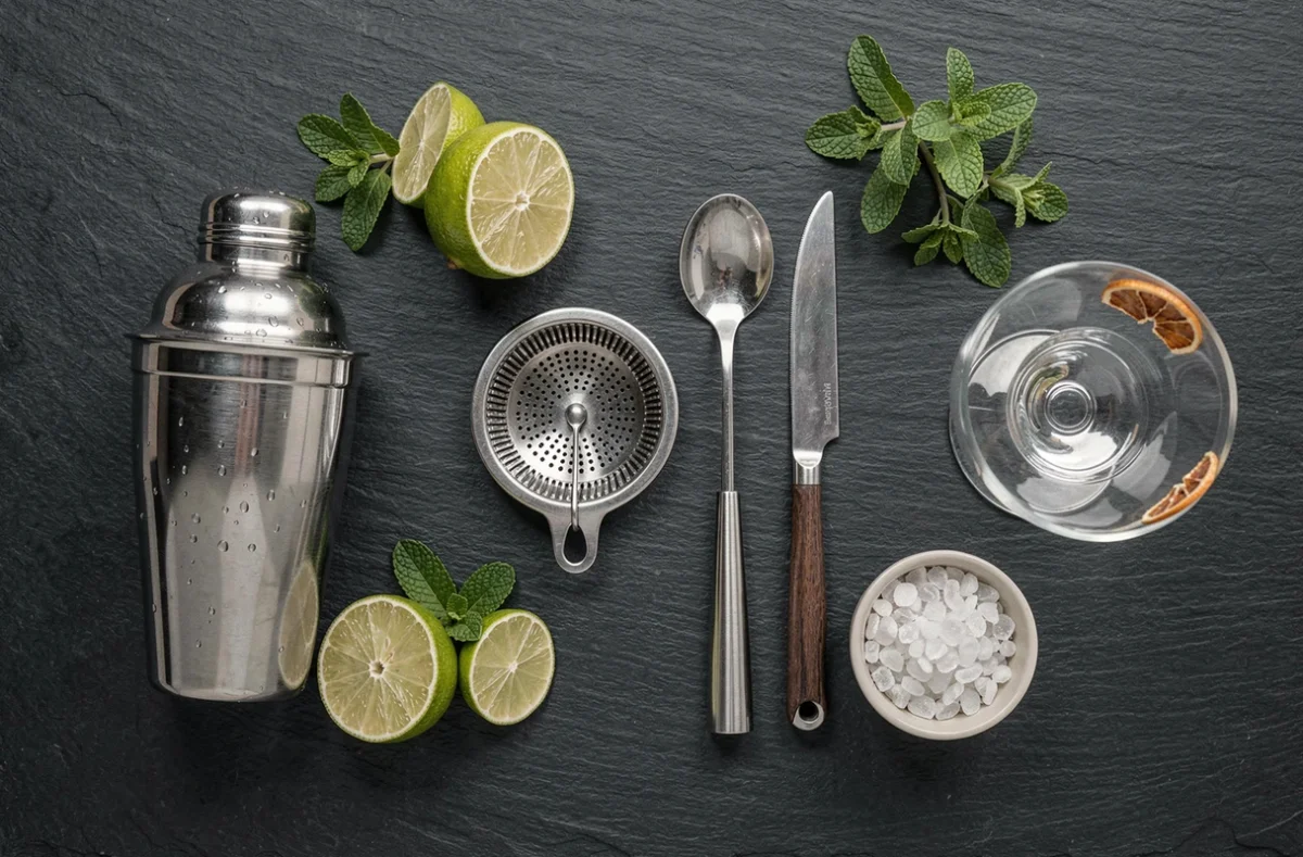 Vue de dessus des outils essentiels pour faire des cocktails maison sur un comptoir en ardoise