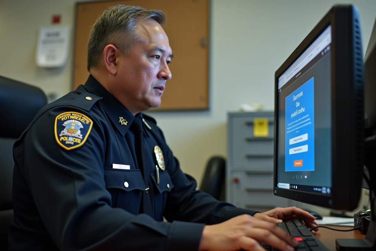 Agent de police suivant une formation continue en ligne sur ordinateur dans un bureau institutionnel