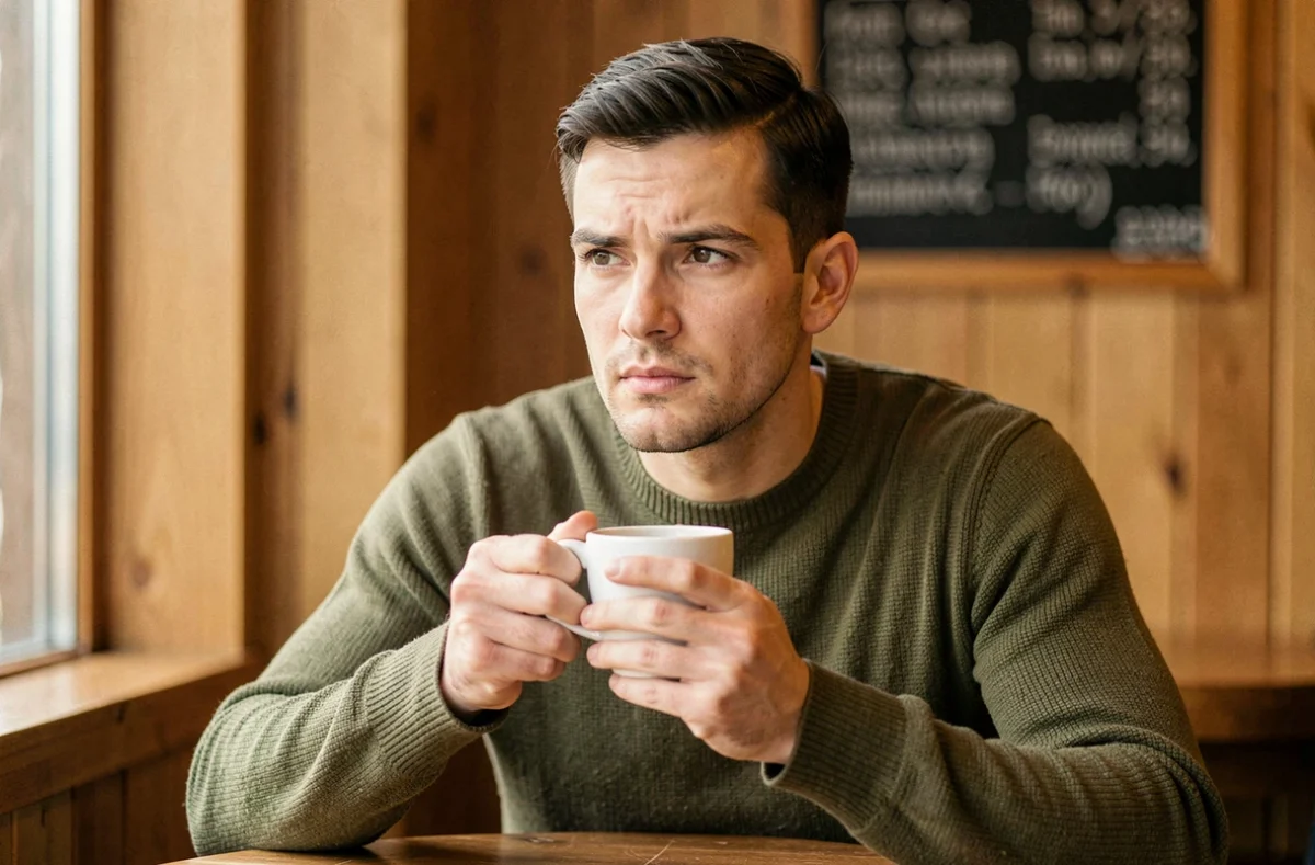 Portrait d'un homme pensif dans un café tenant une tasse de café, évoquant la vie privée et les secrets d'une personnalité publique