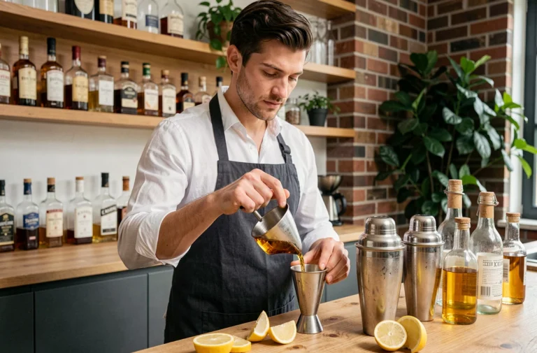 Homme préparant un cocktail maison avec un jigger et des ingrédients frais sur un comptoir de bar moderne