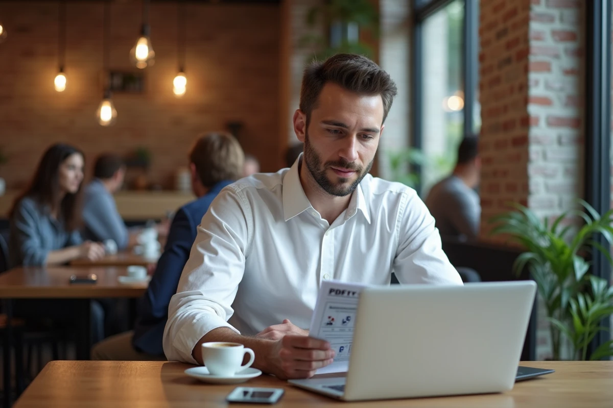 Homme préparant son permis de conduire avec un PDF et un ordinateur dans un café