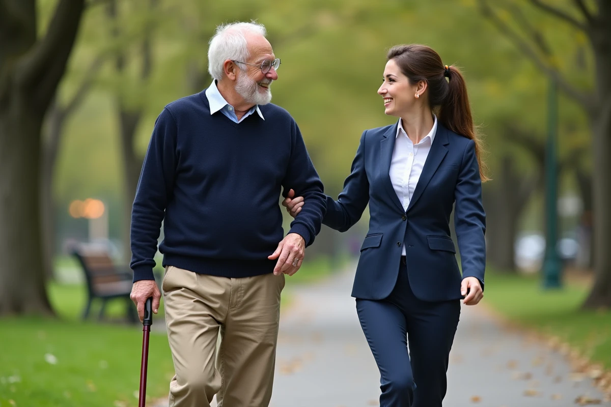 Homme âgé en promenade avec une thérapeute dans un parc