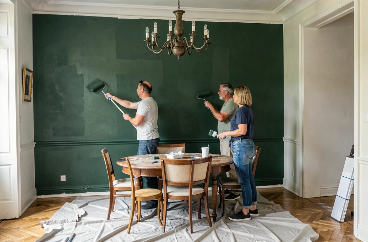 Couple rénovant un appartement en peignant un mur en vert forêt dans une salle à manger avec parquet en chevrons