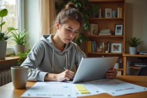 Jeune femme révisant le code de la route avec des fiches et une tablette dans un bureau à domicile