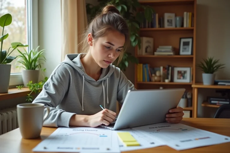 Jeune femme révisant le code de la route avec des fiches et une tablette dans un bureau à domicile