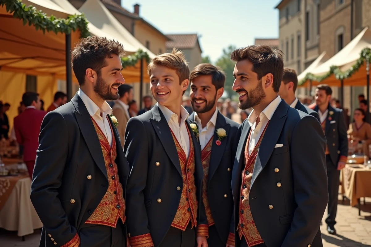 Groupe d hommes romani en costumes colorés lors d