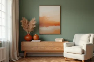 Salon scandinave avec étagère en bois, vases en céramique terracotta et herbe de la pampa séchée pour une décoration intérieure originale