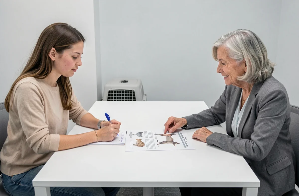 Séance de formation pratique entre une mentor et une stagiaire aspirante pet sitter dans une salle de cours épurée