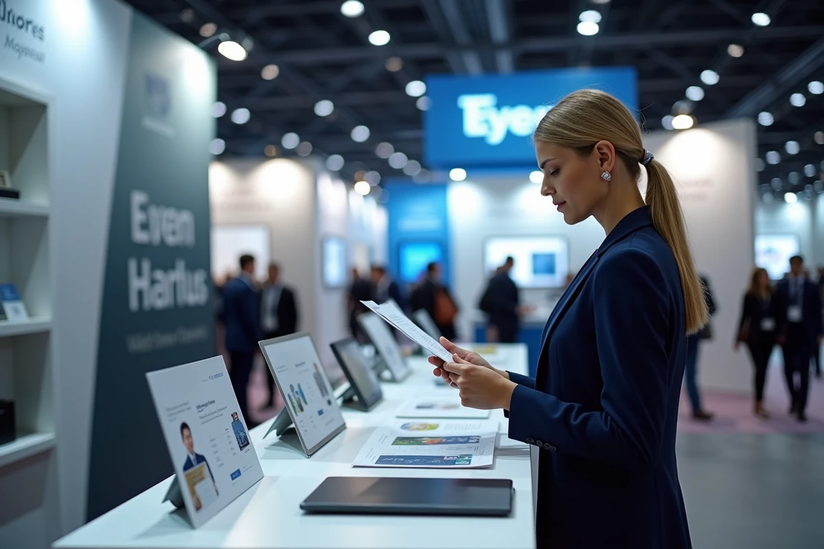 Stand d'exposition professionnel dans un hall de salon avec une femme consultant une brochure près d'un comptoir de présentation modulaire