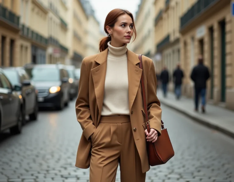 Femme élégante en blazer camel oversize et pantalon large beige dans une rue pavée parisienne, tendances mode automne-hiver