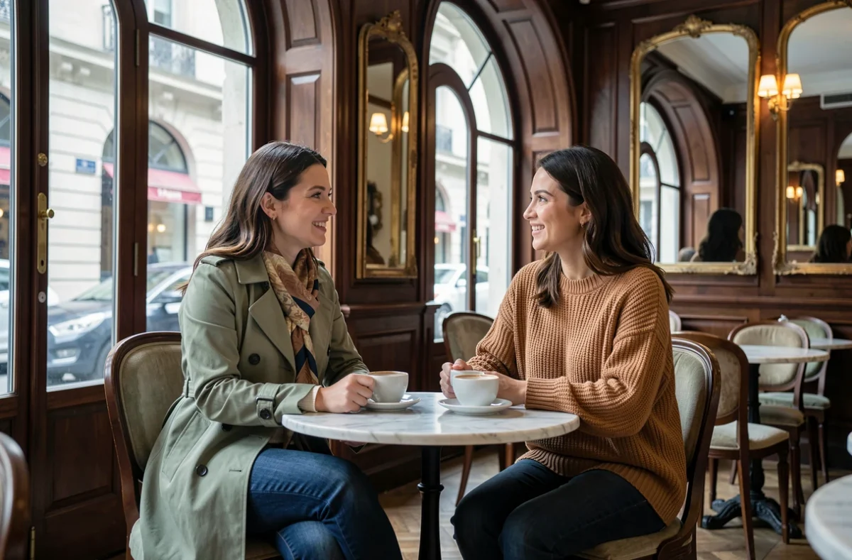 Deux femmes élégantes discutant dans un café parisien, portant un trench vert sauge et un pull camel oversize tendance