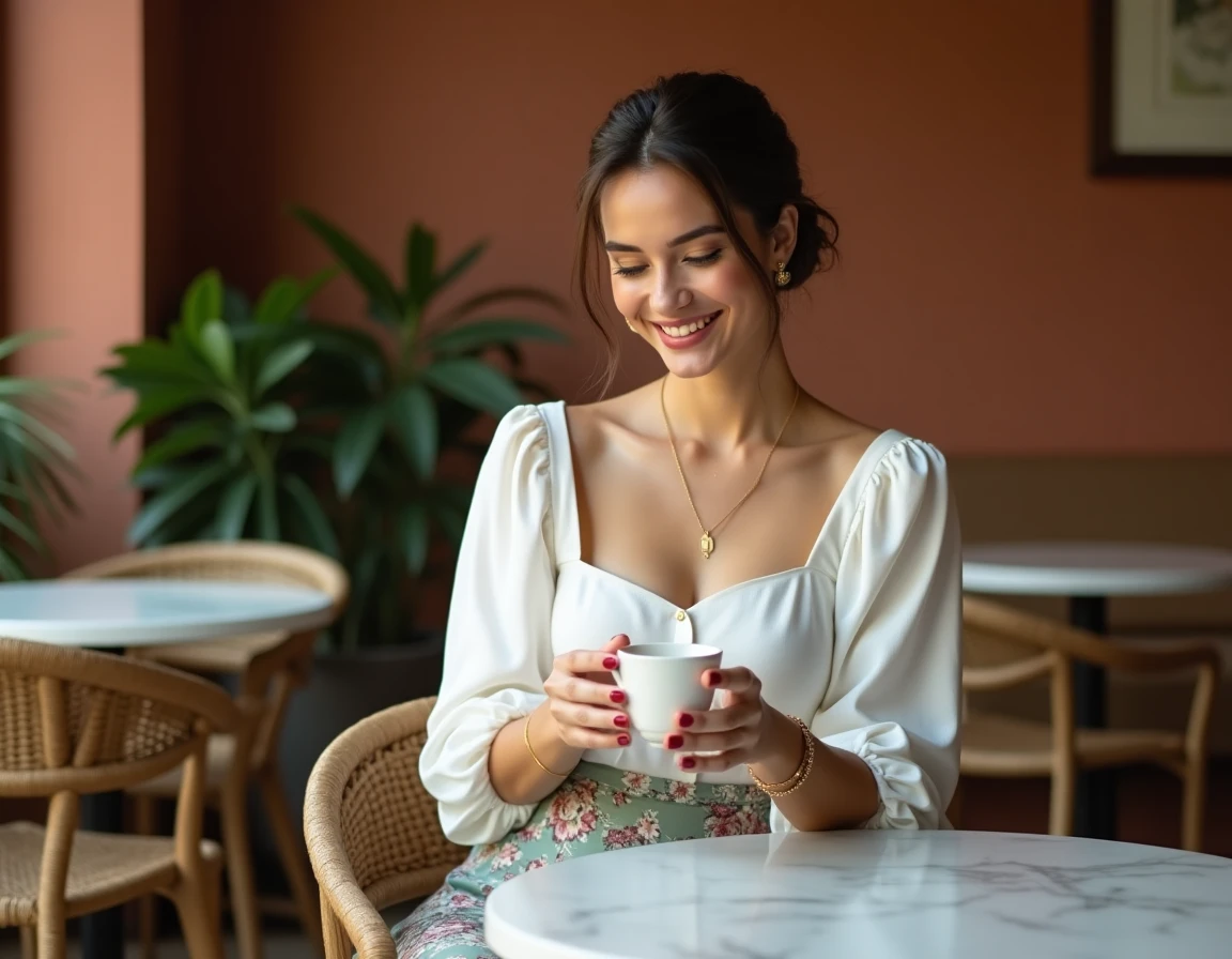 Femme en jupe midi florale et chemisier blanc attablée dans un café parisien élégant, mode féminine tendance printemps