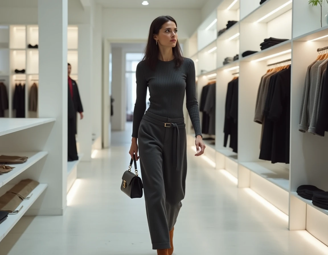 Femme en tenue monochrome gris anthracite et bottes cognac dans un concept store minimaliste, tendances mode femme hiver