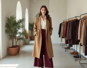 Femme élégante en manteau camel et pantalon large bordeaux explorant les tendances mode dans une boutique minimaliste contemporaine